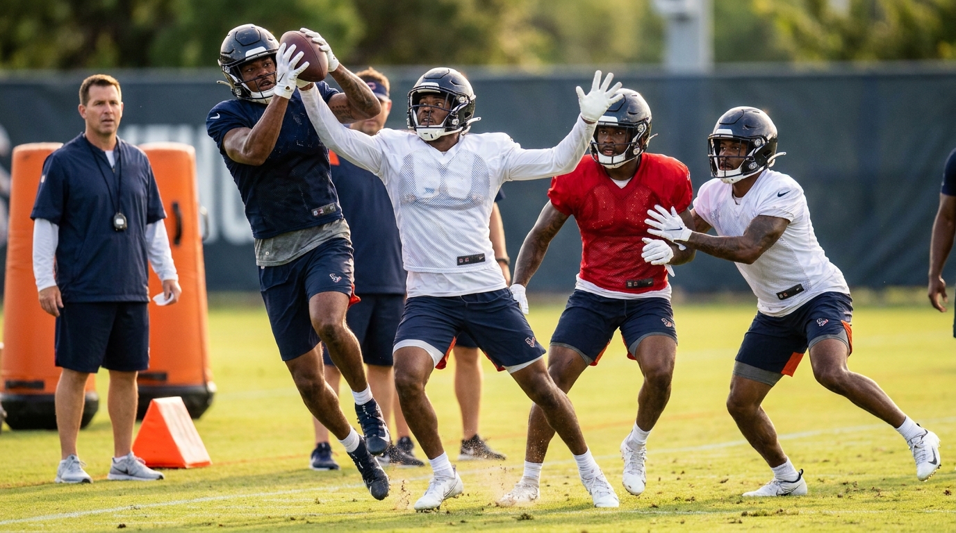 Wide receivers and cornerbacks competing in a Patriots training camp drill, contested catch with a defender close behind, coach with stopwatch, cones and sleds on grass, golden-hour lighting.