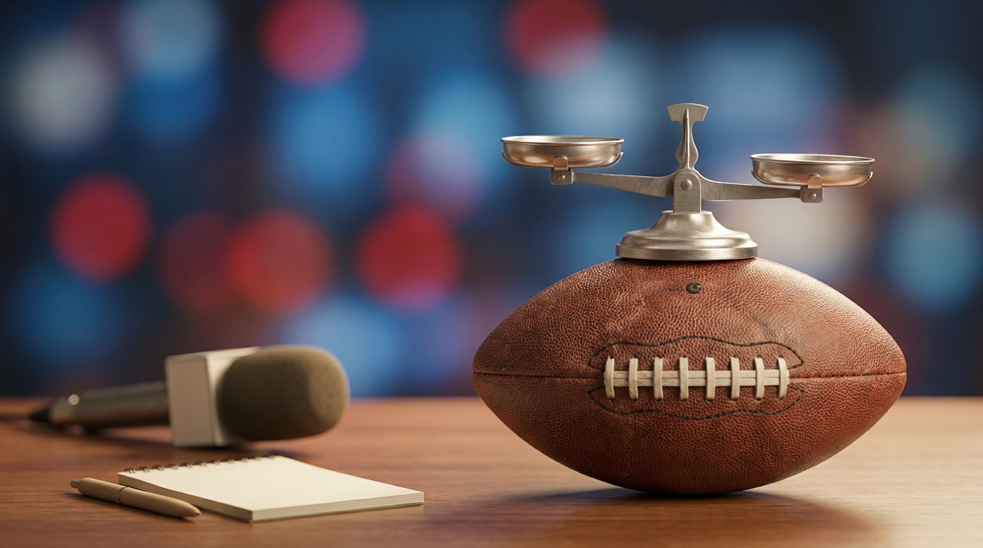 Symbolic image of ethical dilemmas in NFL reporting: a football with a small scales of justice and a microphone on a wooden desk, red and blue bokeh in background