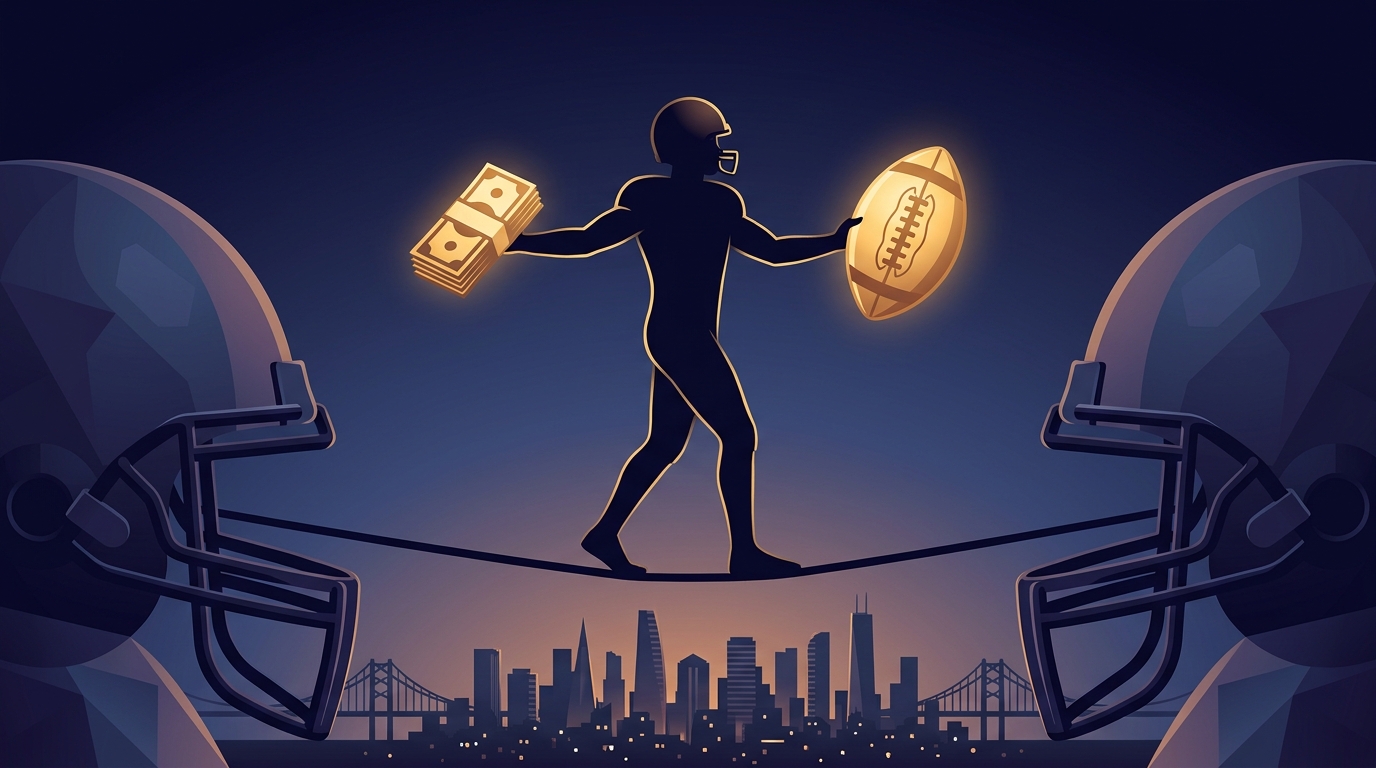 Silhouetted tightrope football player balancing cash and football