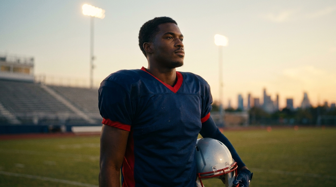Stylized portrait of a young cornerback on a practice field at dusk, wearing Patriots color-inspired gear, holding a helmet