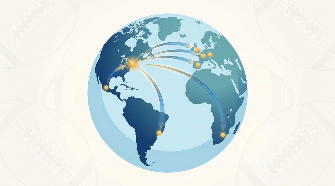 Stylized globe showing NFL international expansion connecting Melbourne, Rio de Janeiro, London, Paris, Madrid, Munich, and Mexico City