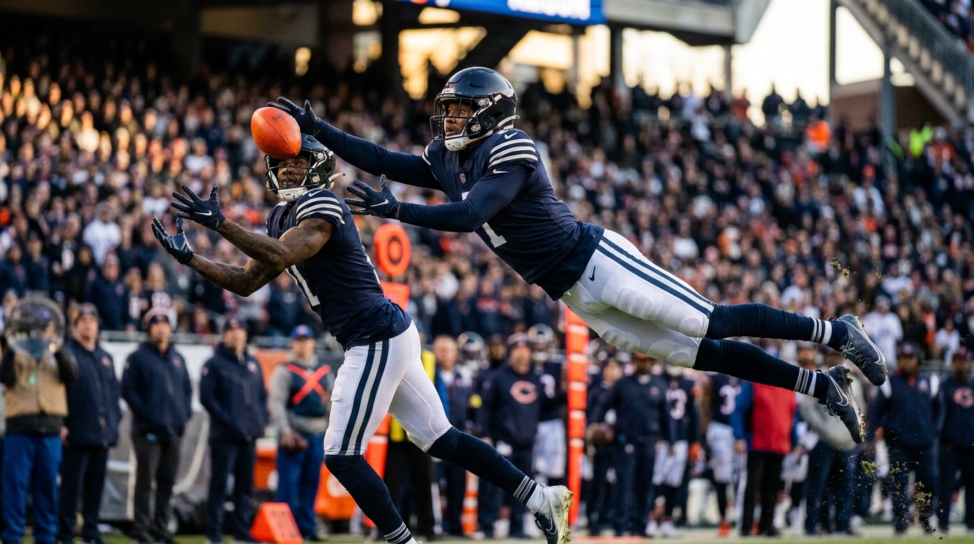 Dynamic football defensive play - cornerback contesting a pass