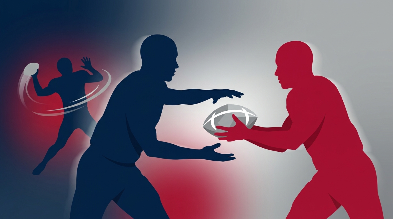 Silhouettes of two figures exchanging a football with a quarterback winding up to throw, styled in Patriots navy, crimson, and silver