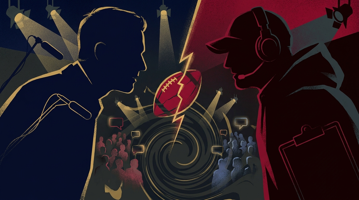 A stylized editorial illustration showing two large abstract silhouettes facing each other across a visual divide, one suggesting a TV pundit with studio lighting and a microphone outline and the other suggesting a coach with a headset and clipboard, with a stylized football and split crowd in the background