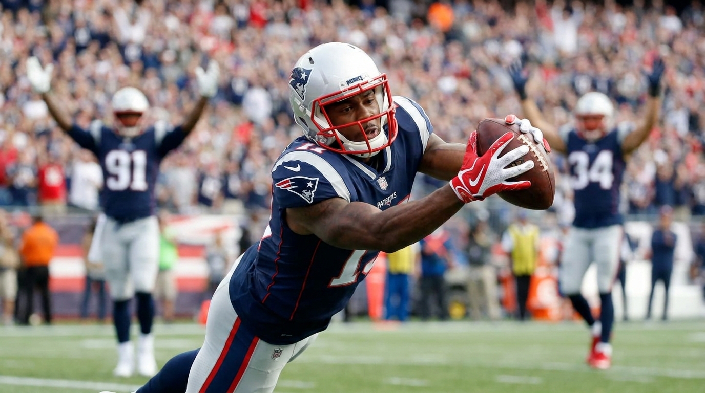 A.J. Brown making a mid-air catch, Patriots team celebrating on the sidelines