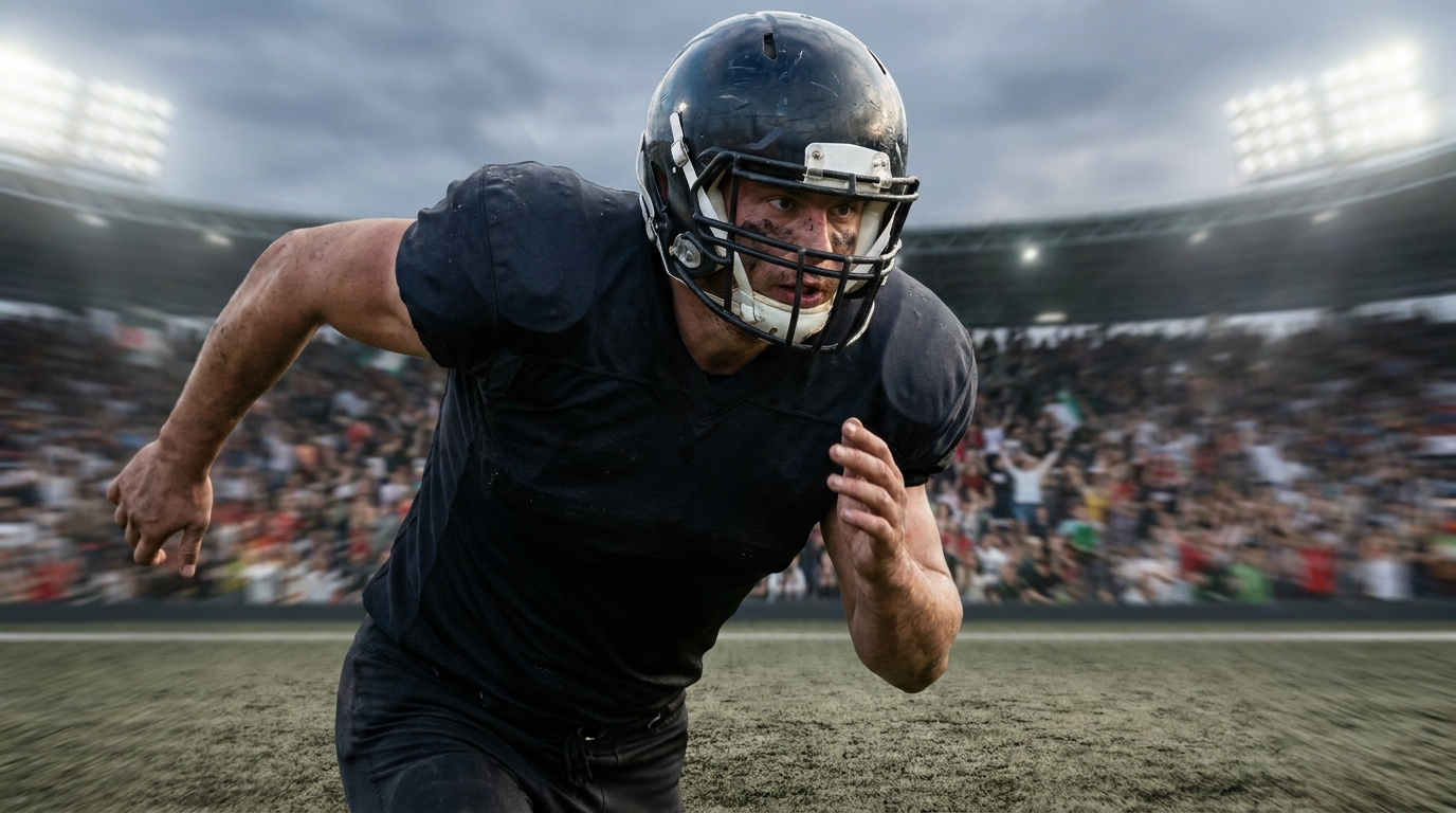 Defensive edge rusher exploding off the line