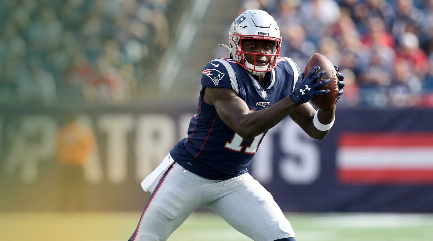 A.J. Brown wearing a Patriots uniform with a subtle background referencing the trade