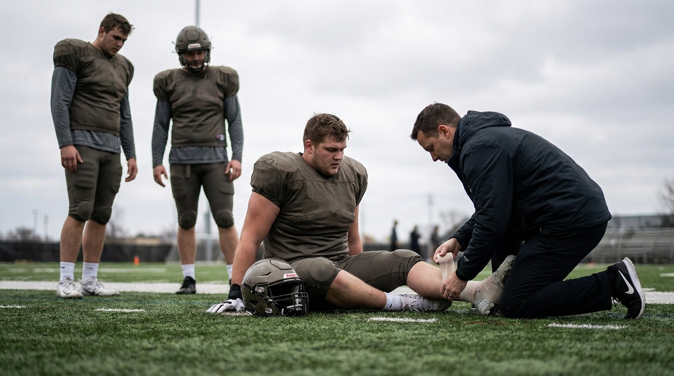 Offensive lineman receiving treatment during practice