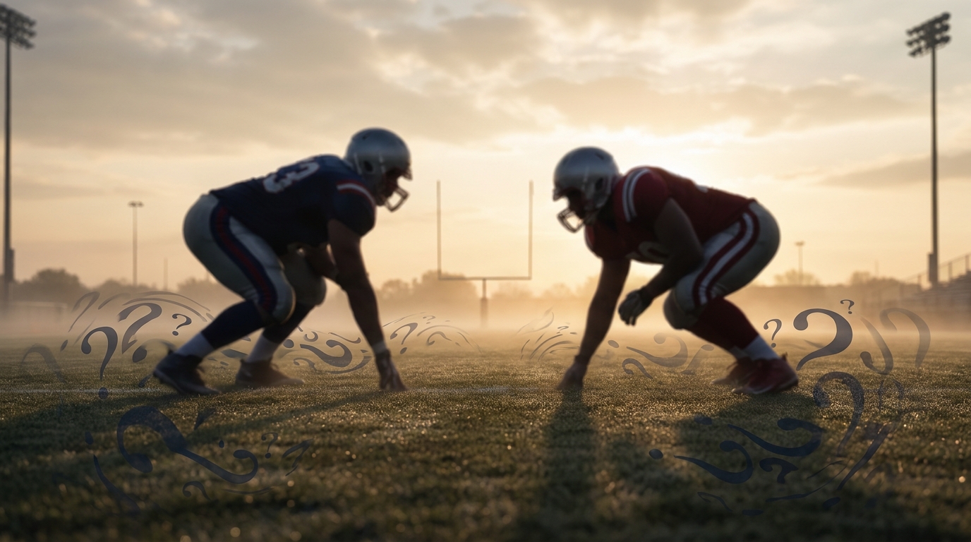 Football field with blurred EDGE silhouettes and question mark shadows