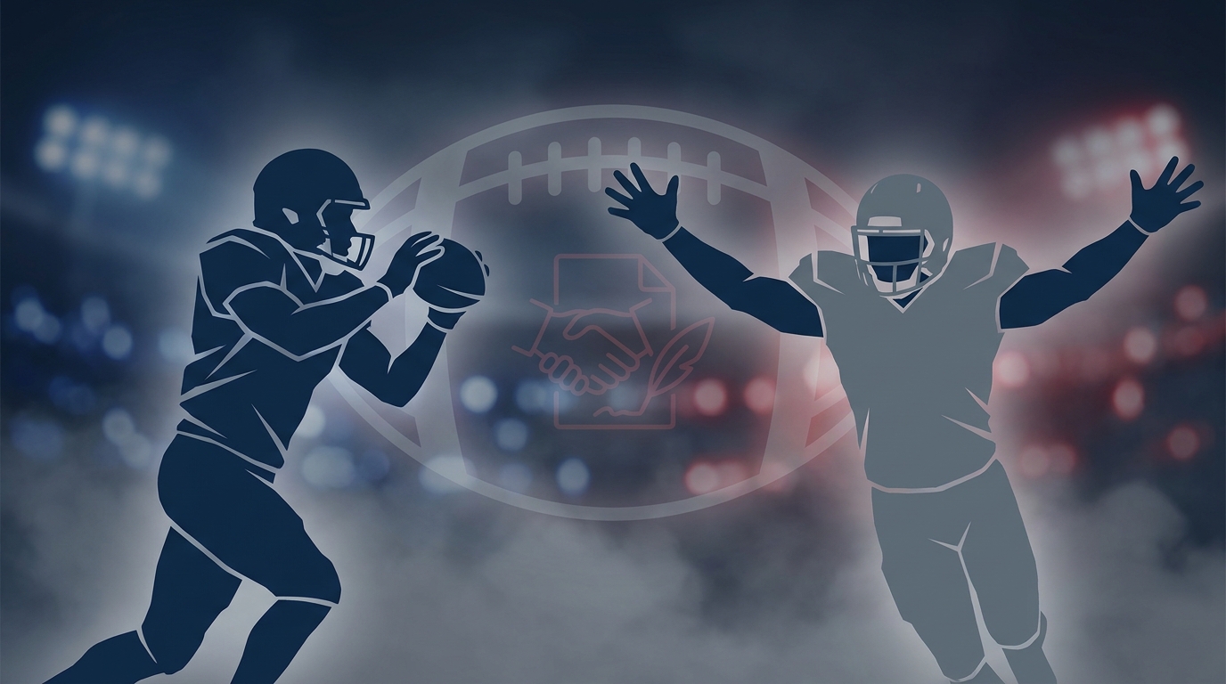 Stylized silhouettes of a wide receiver and pass rusher with a faint football and translucent handshake between them