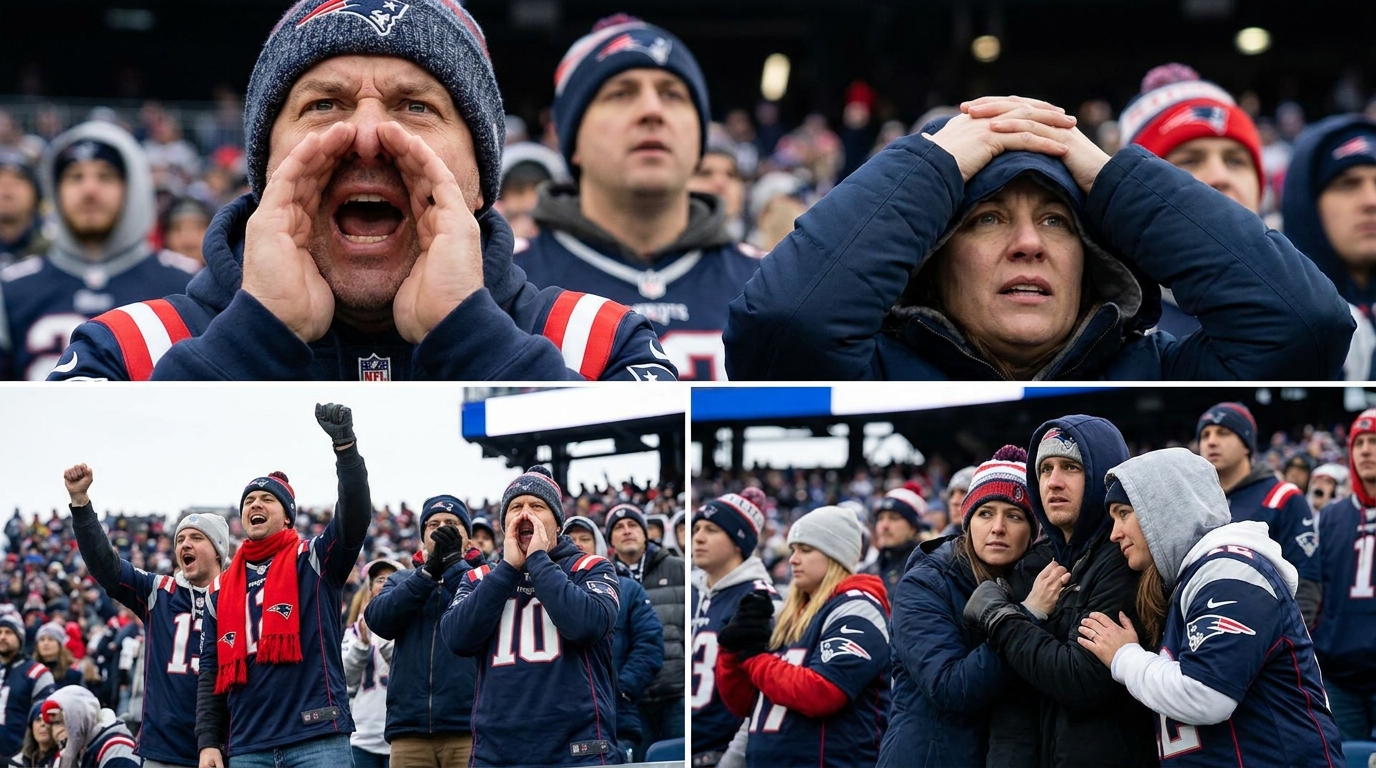 Crowd of Patriots fans showing mixed emotions
