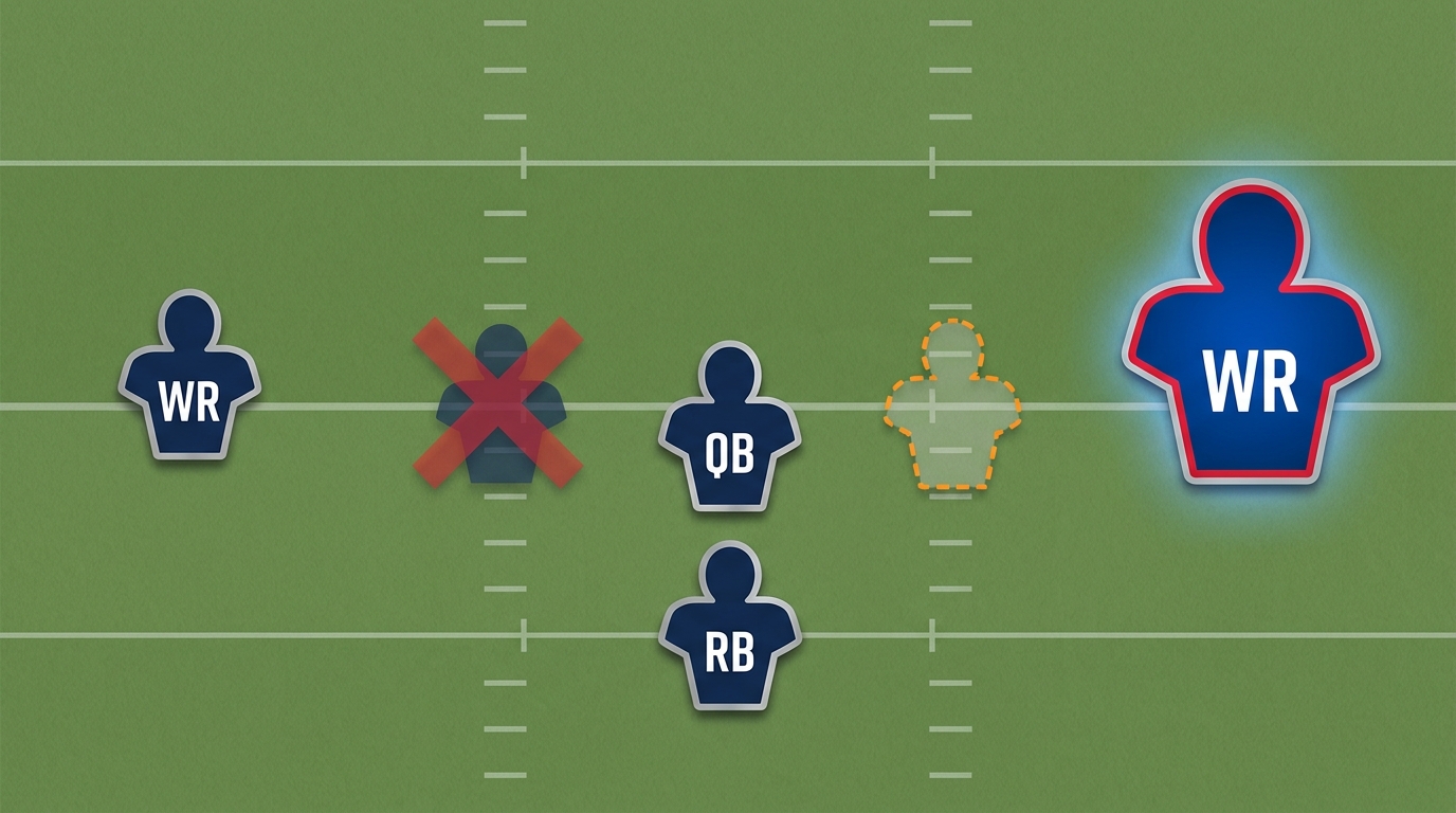 Patriots lineup schematic showing A.J. Brown highlighted with tight end injury and depth indicators