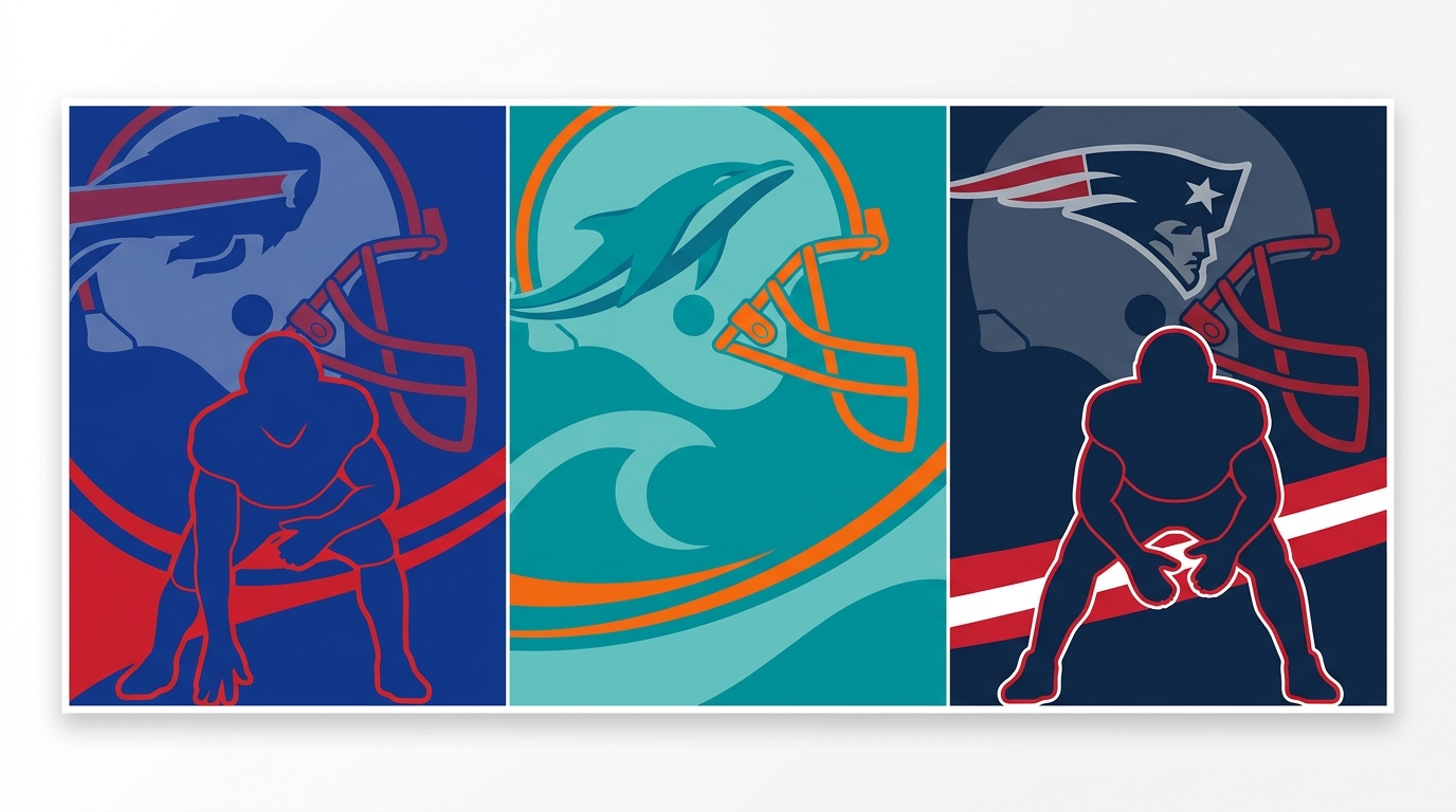 Triple-panel AFC East illustration showing Buffalo Bills, Miami Dolphins, and New England Patriots with generic player silhouettes representing Ed Oliver and Caleb Lomu