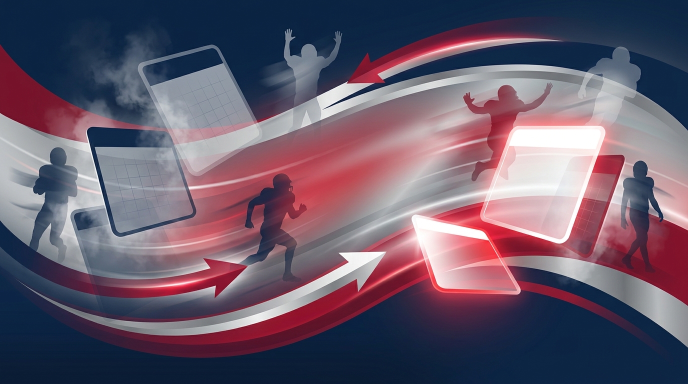 Abstract illustration of Patriots offseason roster changes showing silhouetted players, arrows, and shifting roster cards in team colors