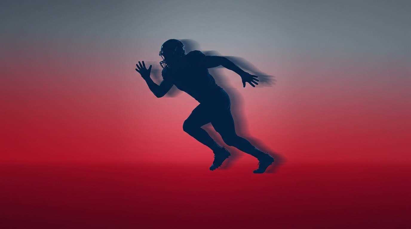 Edge rusher silhouette charging off the line against red to steel gray gradient
