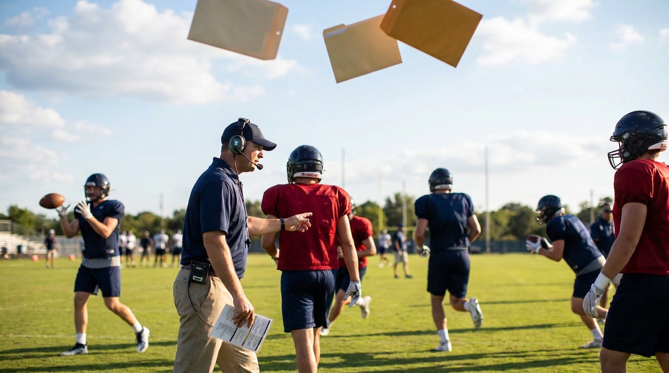 Patriots minicamp practice with trade chatter motif