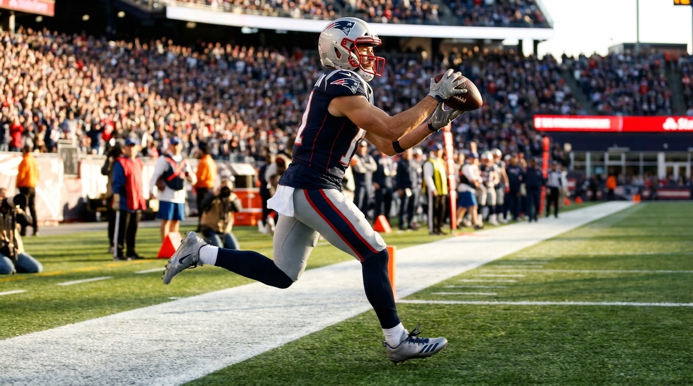 A.J. Brown making an over-the-shoulder catch in a Patriots uniform