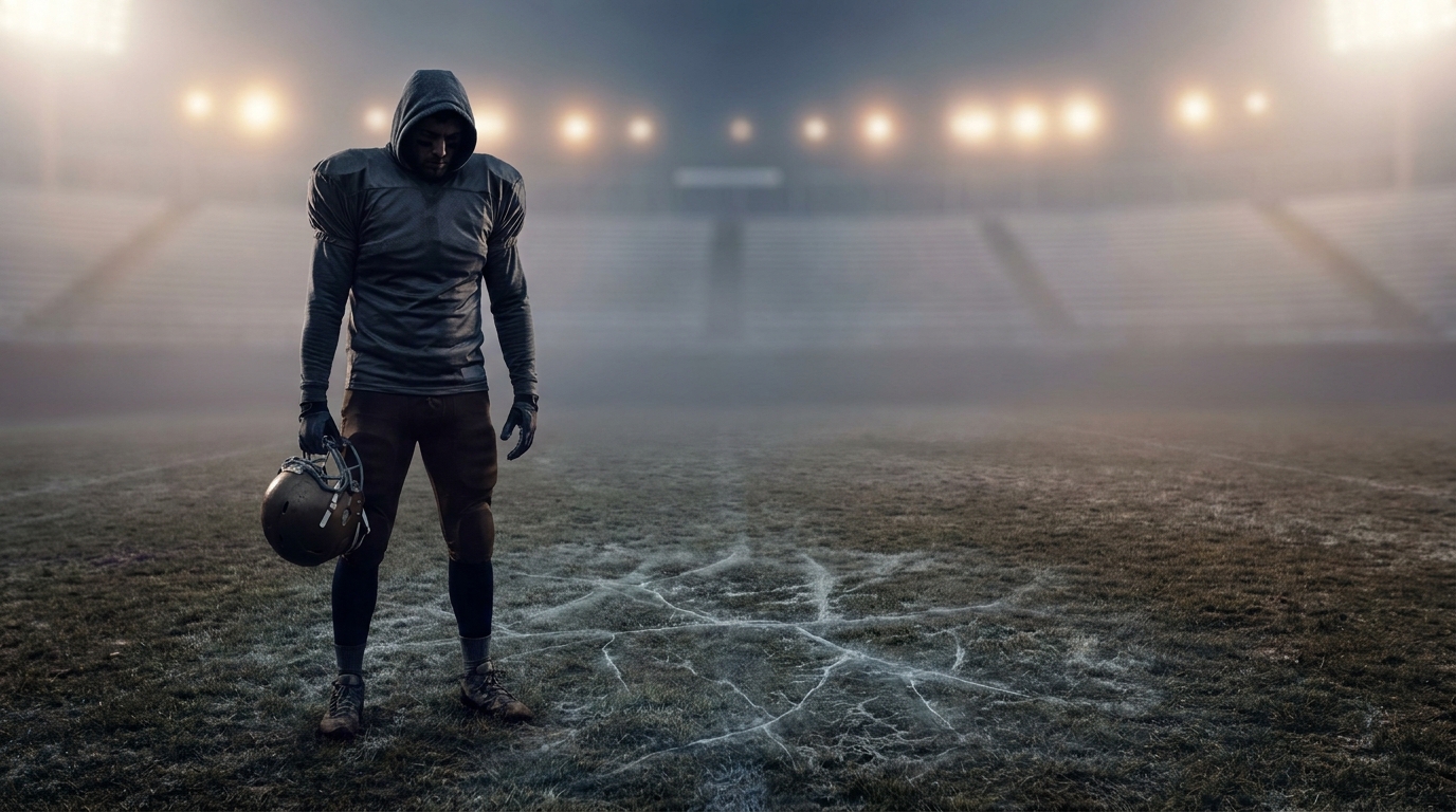 Quarterback standing on a stadium turf with a subtle cracked-ice texture