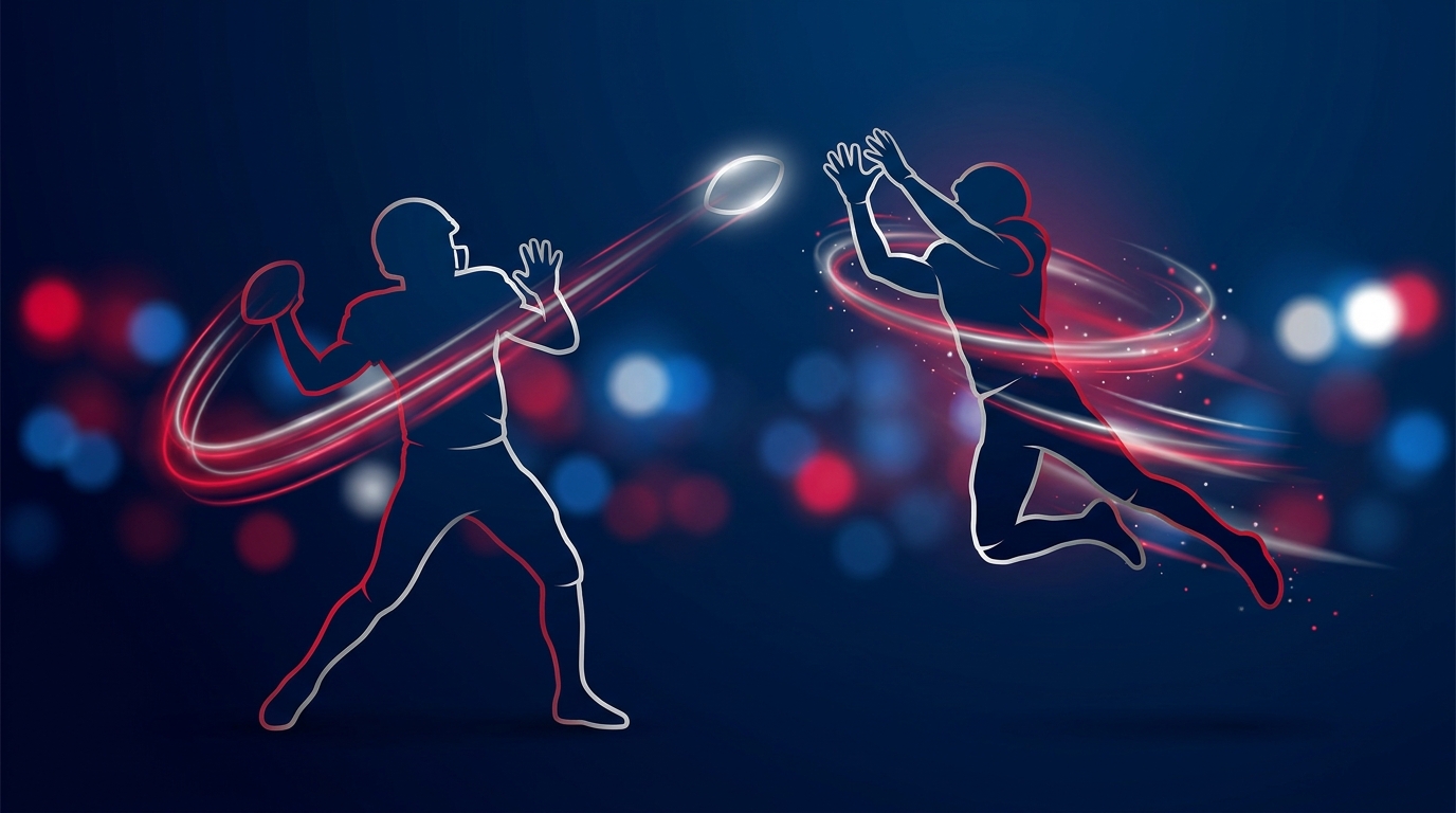 Stylized silhouettes of a quarterback throwing and a receiver leaping against a deep navy background with crimson and silver motion streaks, evoking the Patriots offensive upgrade