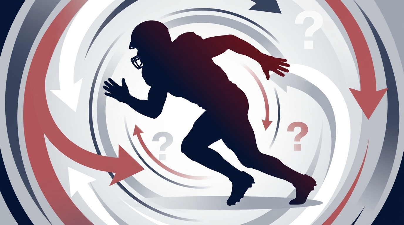 Generic pass rusher silhouette with swirling trade arrows and question icons