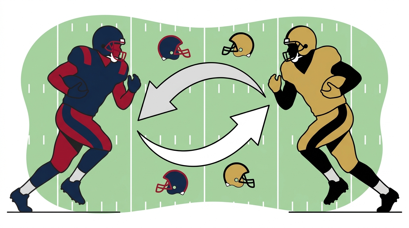 Editorial illustration of two stylized football players on a field with curved trade arrows and generic helmets, navy-red and gold-black palettes, no text.